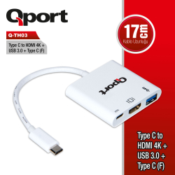Qport Type-C To Hdmi 4K(3840*2160) + Usb 3.0 +Type-C (F) 4K &Ccedil;Evi̇ri̇ci̇ (Q-Th03)