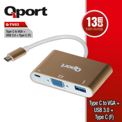Qport Type-C To Vga + Usb 3.0 + Type-C (F) 1920*1080P &Ccedil;Evi̇ri̇ci̇ (Q-Tv03)